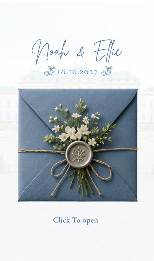 Blue color envelope Editable Wedding Website Canva Templates |Luxury Wedding Website Designs