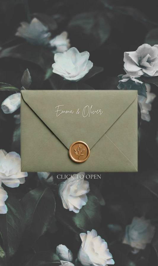 Olive green envelope Editable Wedding Website Canva Templates | Luxury Wedding Website Designs